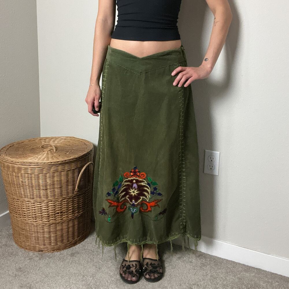 vintage green corduroy boho floral embroidered western fringe maxi skirt